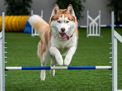 Husky saltando obstáculo de agility em pista de grama