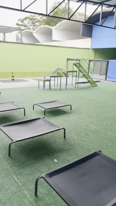 Camas elevadas na área externa coberta de grama sintética